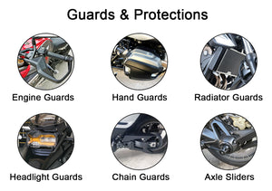 Engine Guards, hand guards, radiator guards and headlight guards, chain guards and sliders